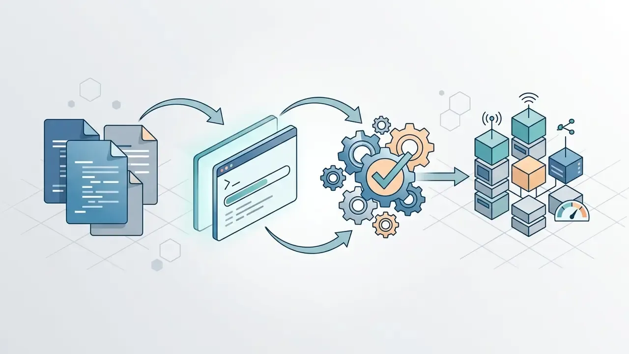 Documents and command line interfaces feeding into a gear mechanism that outputs network infrastructure