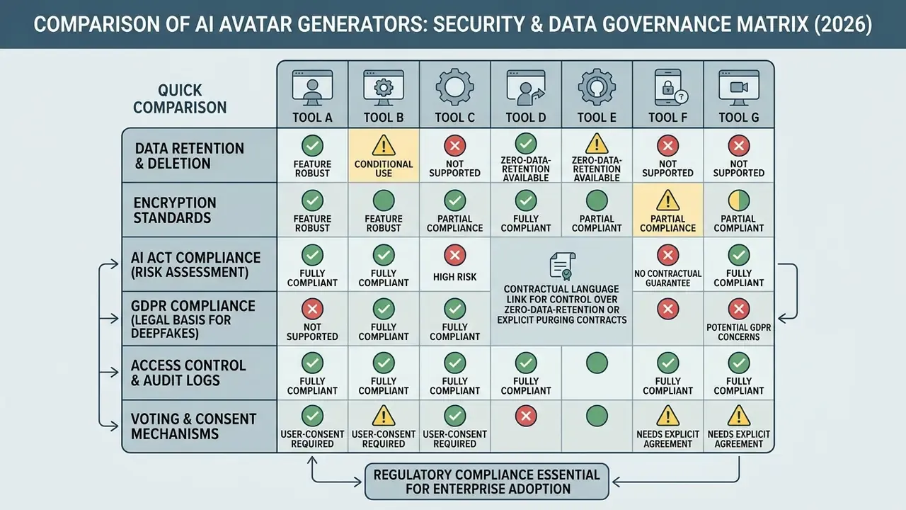 Comparison table evaluating seven AI avatar software tools against data security and regulatory standards