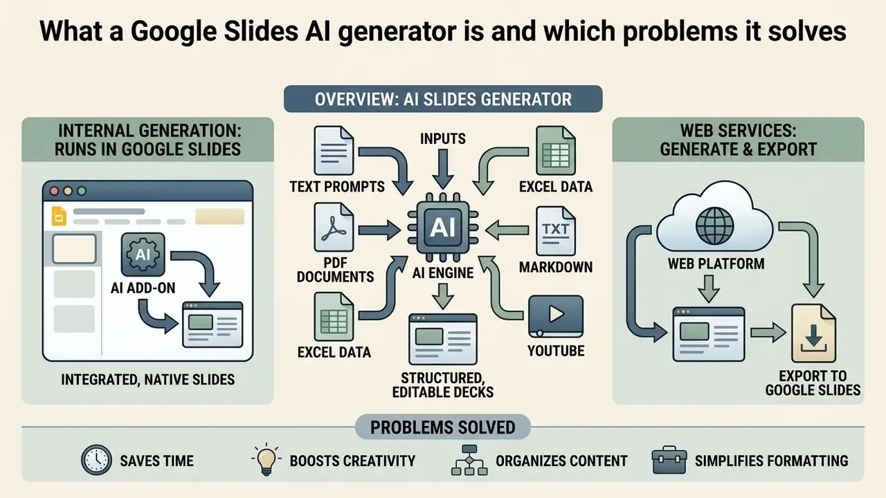 Infographic showing how a Google Slides AI generator processes various inputs into editable presentations