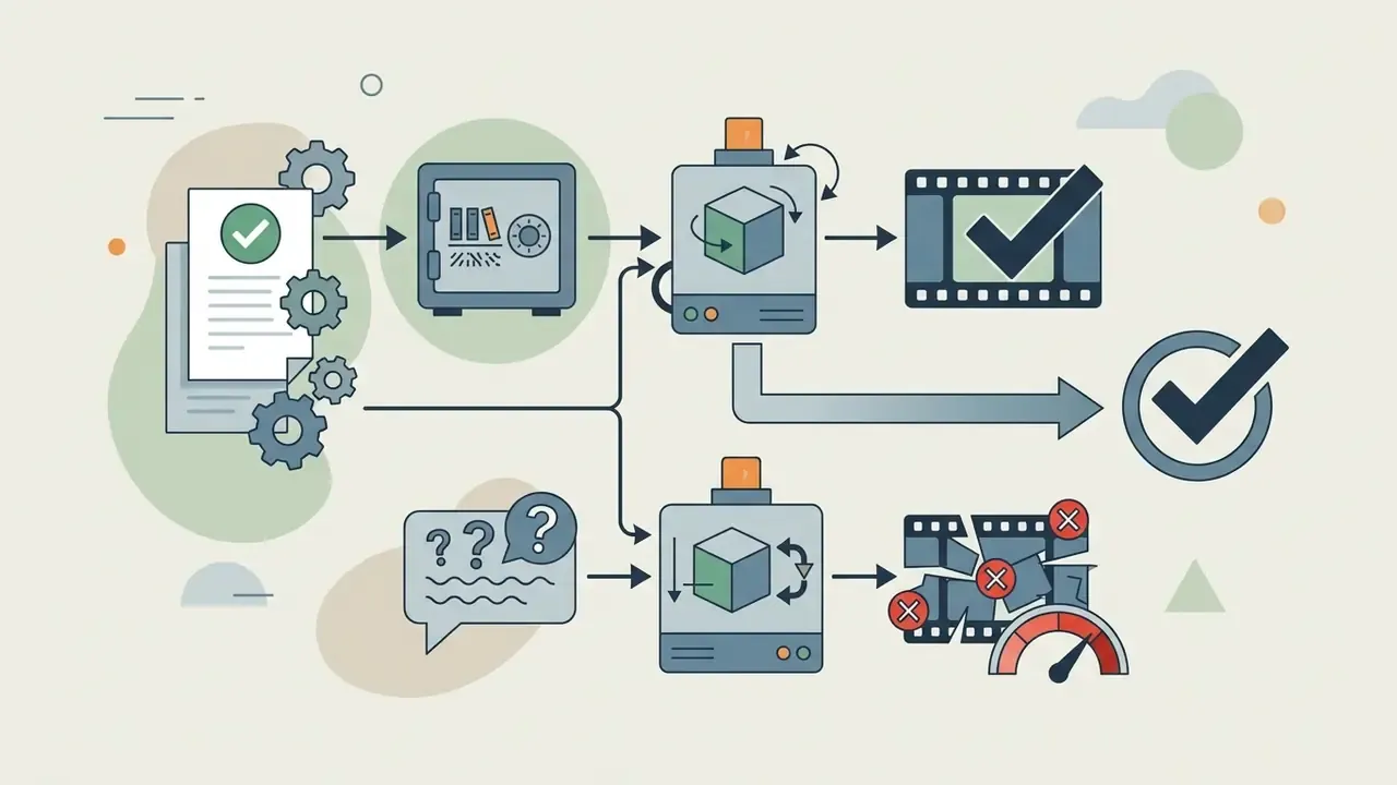 Comparison of secure asset processing versus risky open text prompts for AI video generation
