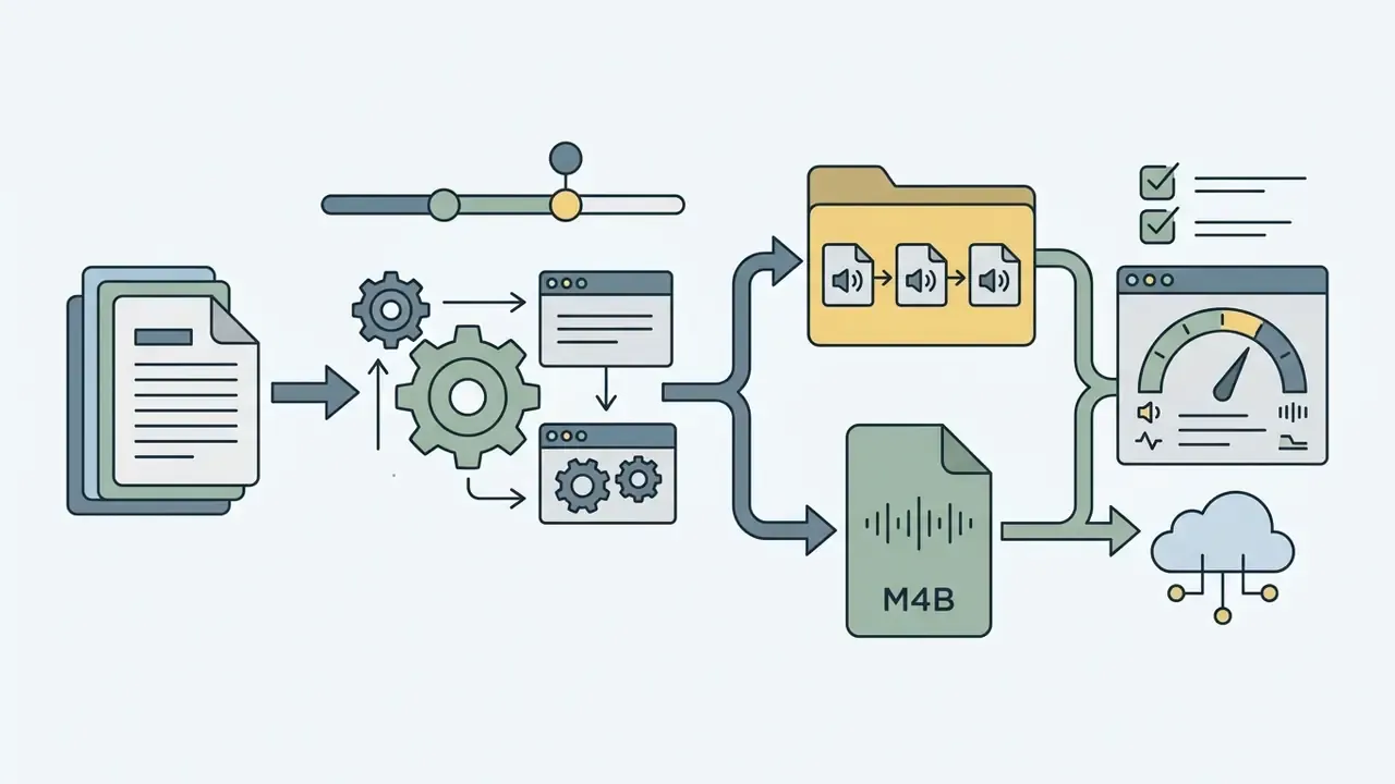 Document files processed by gears into audio chapters and M4B formats for distribution and quality checks