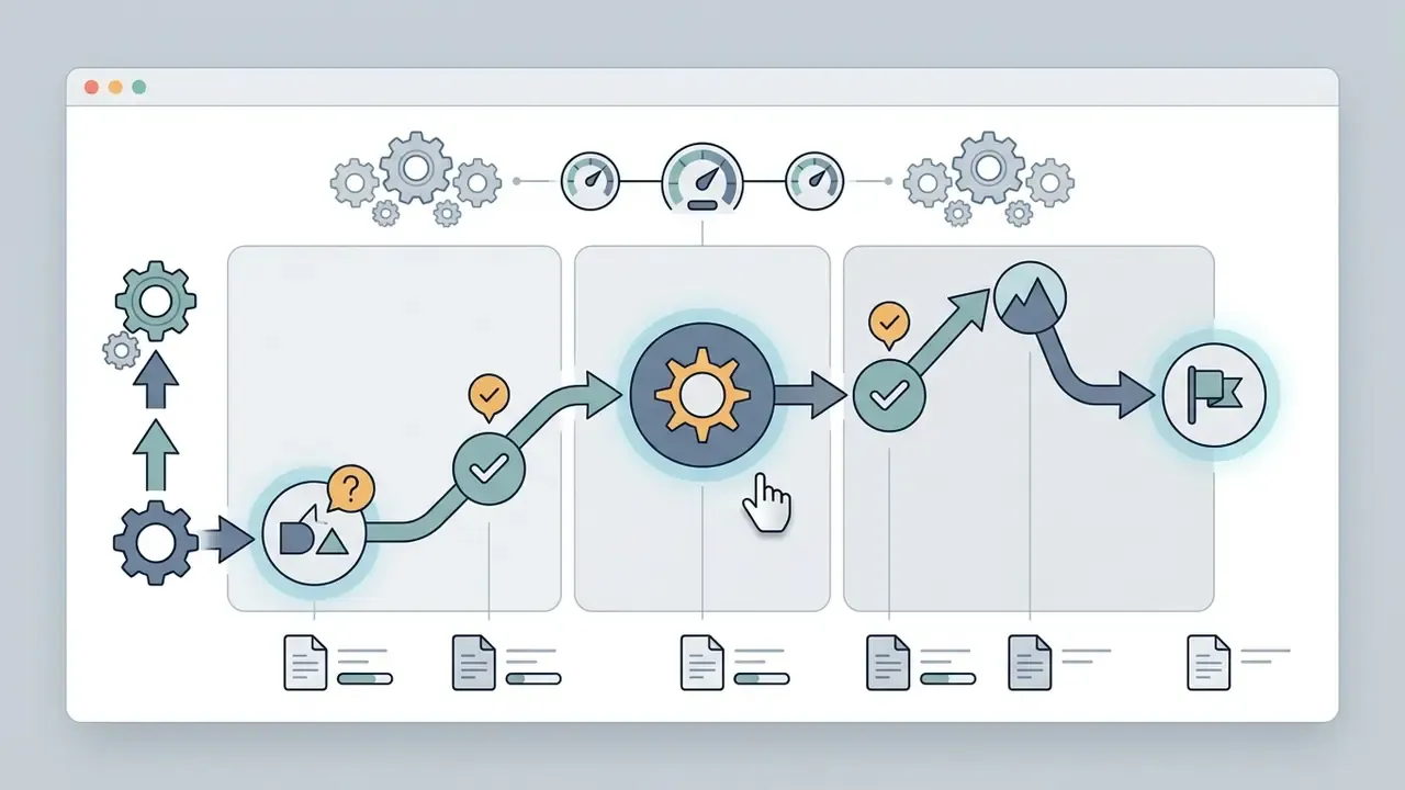 A path moves through three panels with gears, checkmarks, and icons leading to a final goal flag