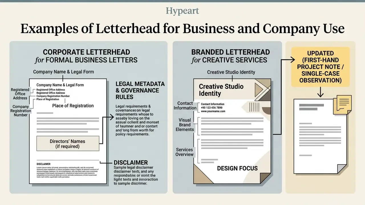 Infographic comparing formal corporate and creative branded letterhead layouts with legal metadata notes