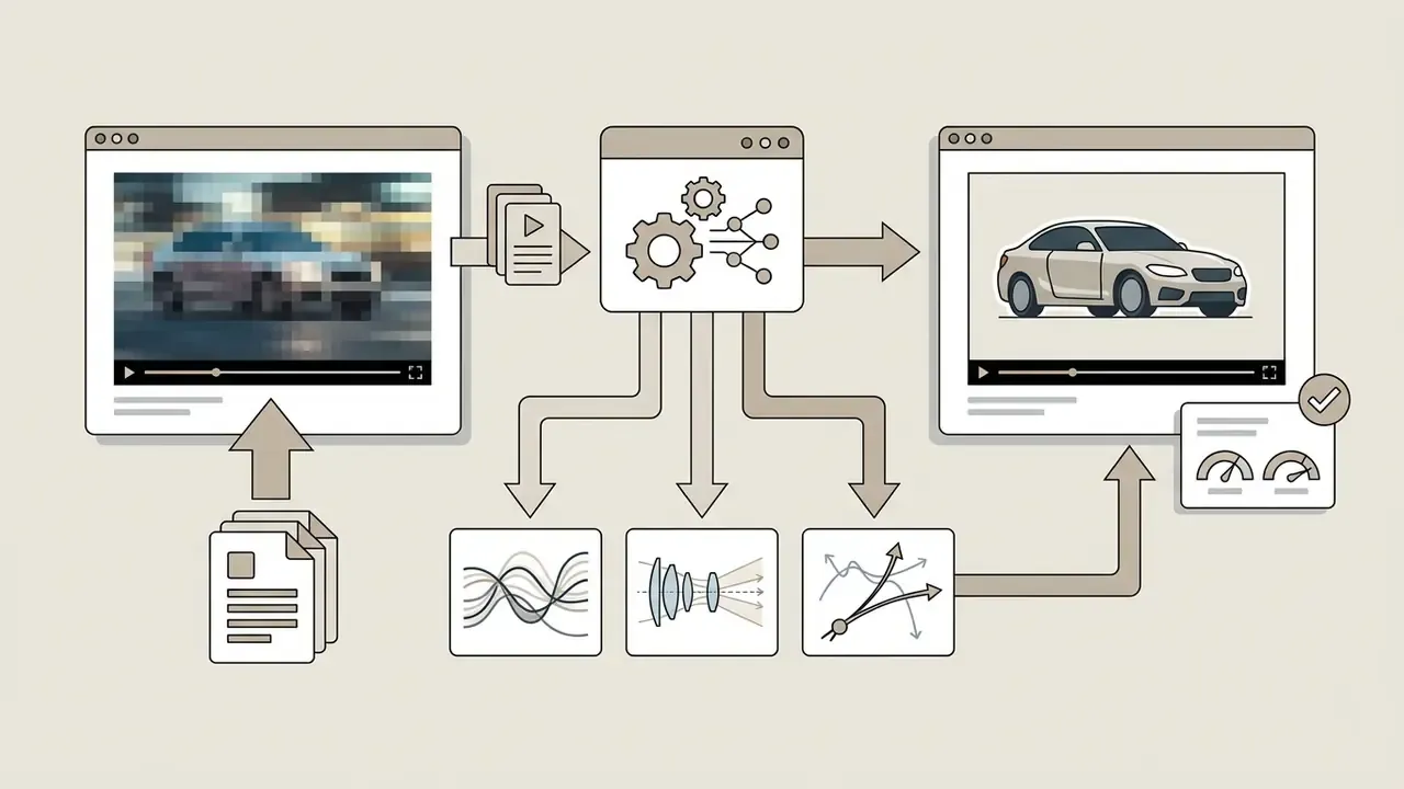 Diagram illustrating video processing steps from blurry input to clear output using specialized AI models
