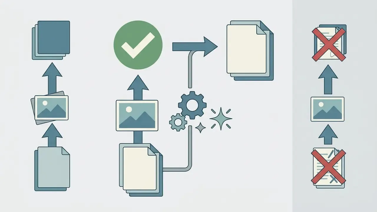 Icons showing file processing paths with checkmarks for clean outputs and red crosses for watermarked files