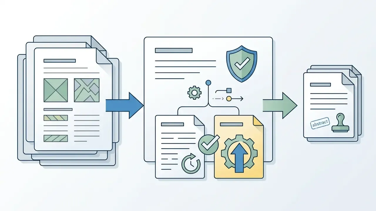 Stack of papers moving through a shield and gear system into a stamped summary document
