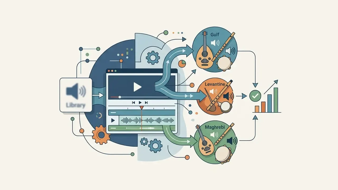 Audio library tracks being customized with regional instruments for Gulf, Levantine, and Maghrebi audiences