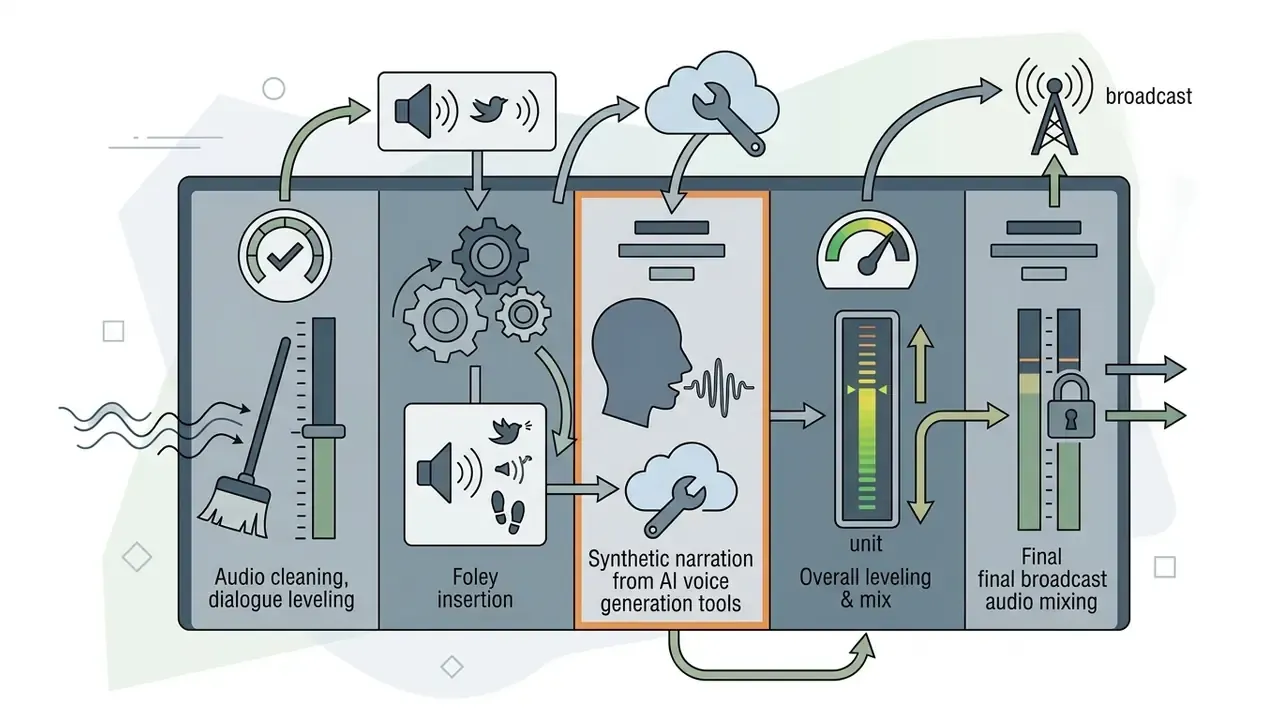 Diagram showing the stages of audio post-production from cleaning and Foley to AI voice and mixing