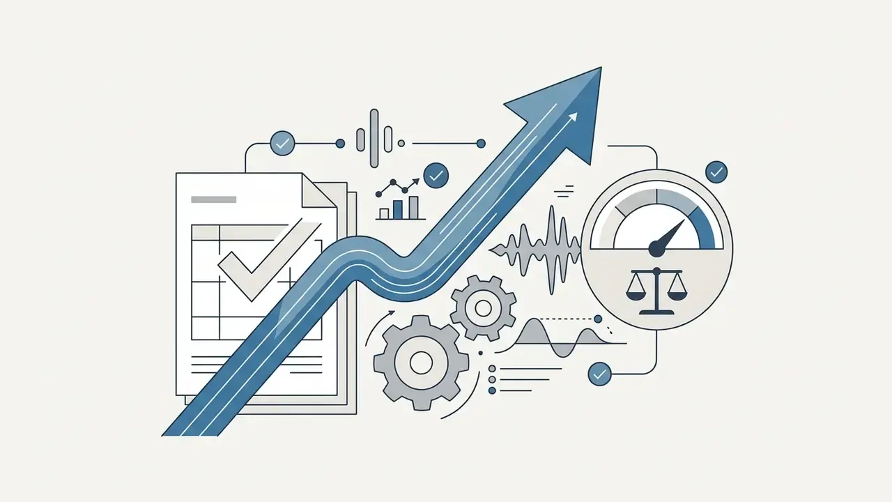 Upward arrow crossing a document, gears, and a gauge with a scale to represent audio compliance and growth