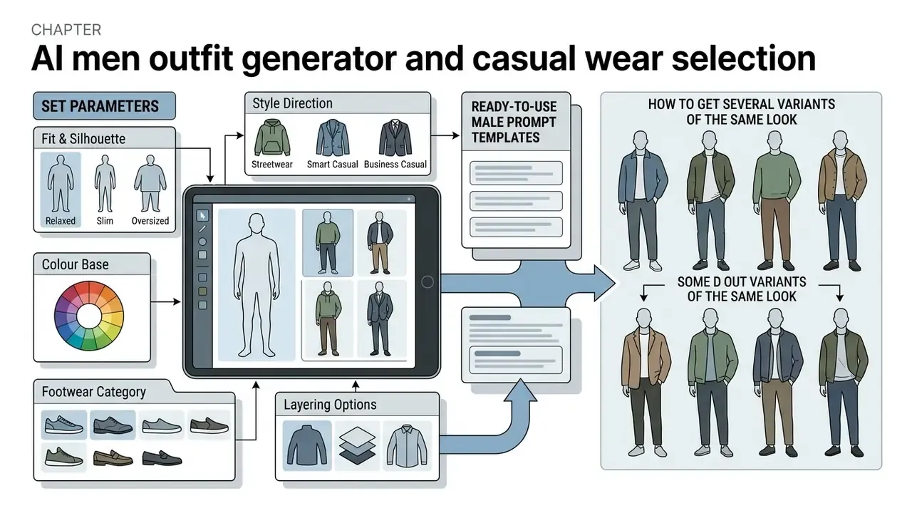 Infographic detailing styling parameters like silhouette, color, and layering for creating male outfits
