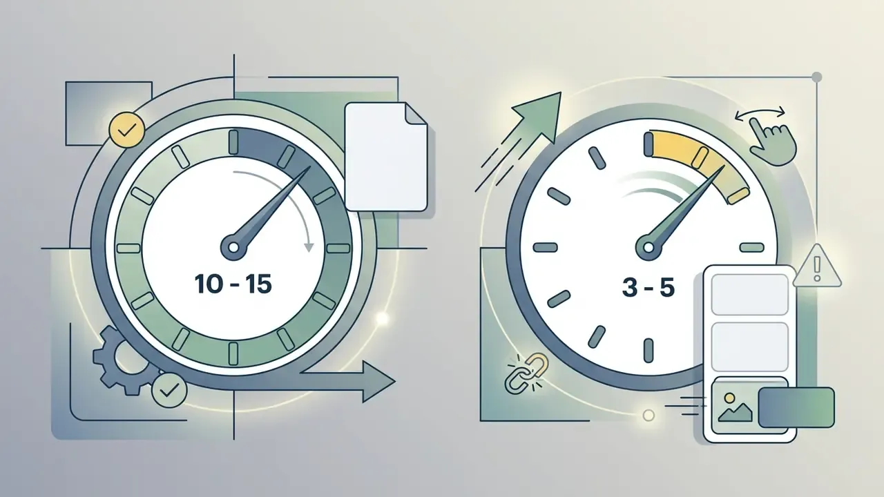 Two speedometers comparing long and short video durations with icons for files, links, and mobile swipes