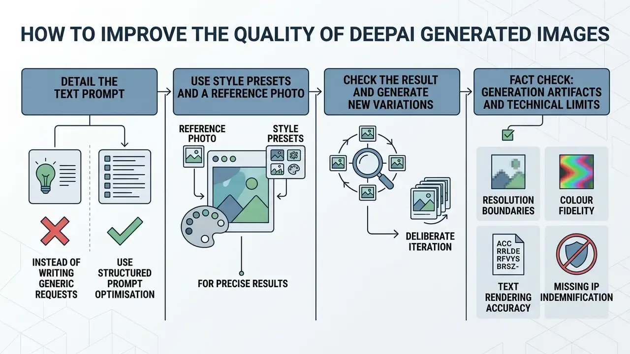 Step-by-step workflow infographic for optimizing prompt engineering and refining synthetic visual output