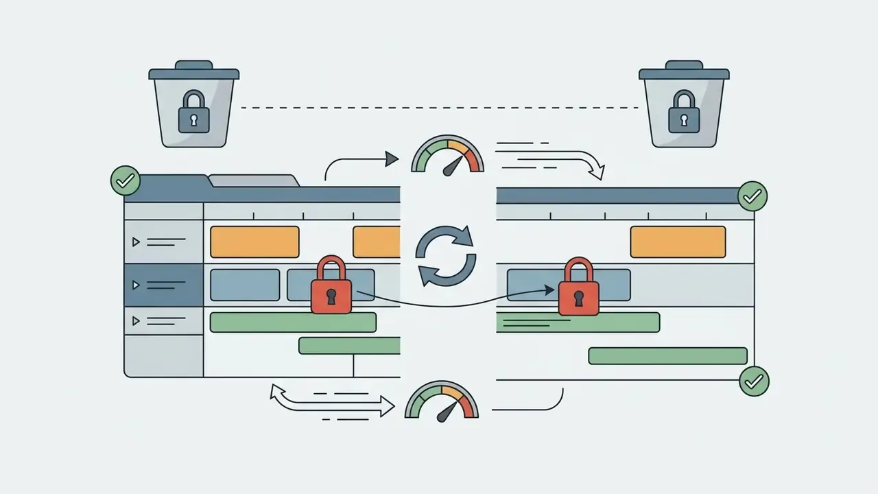 Two timelines with locked clips and circular arrows indicating synchronized updates between collaborators
