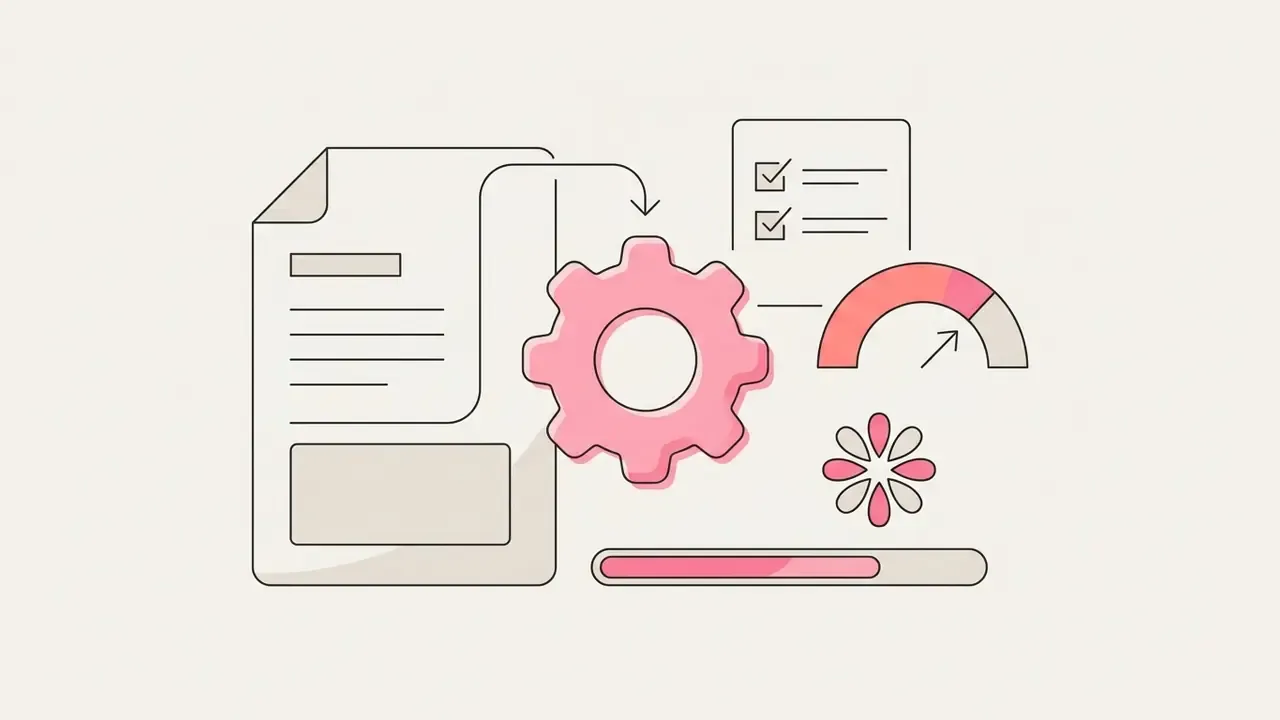 Pink gear icon with a document, checklist, speedometer, flower symbol, and a loading progress bar