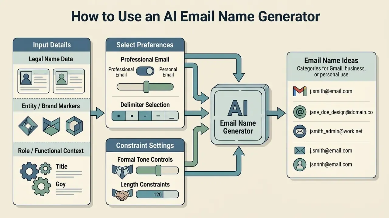 Flowchart showing how input details and preference settings are processed by an AI email name generator
