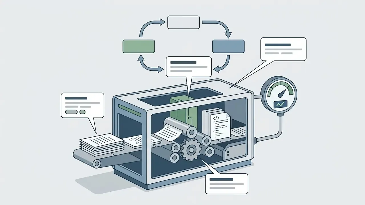 Cutaway view of a machine processing documents with callout labels and a circular gauge for ChatGPT