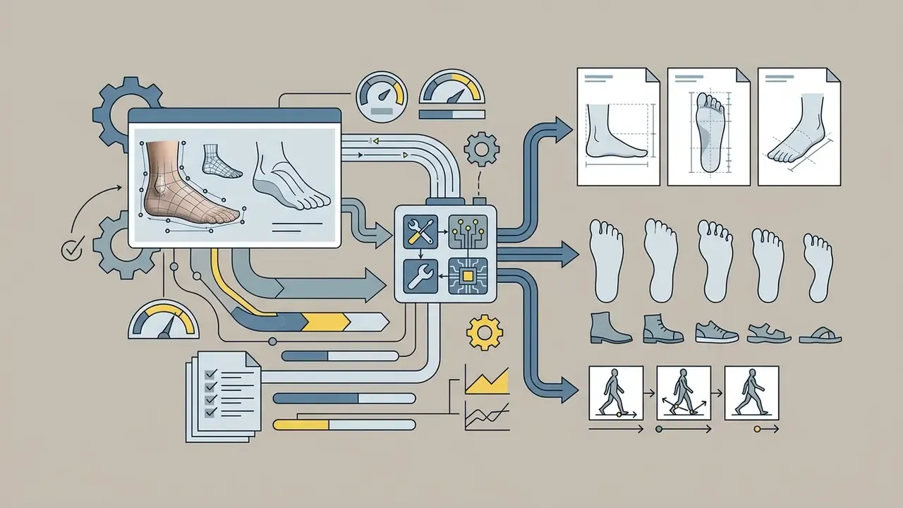 Technical workflow showing 3D foot modeling, geometry processing, and animation sequence generation