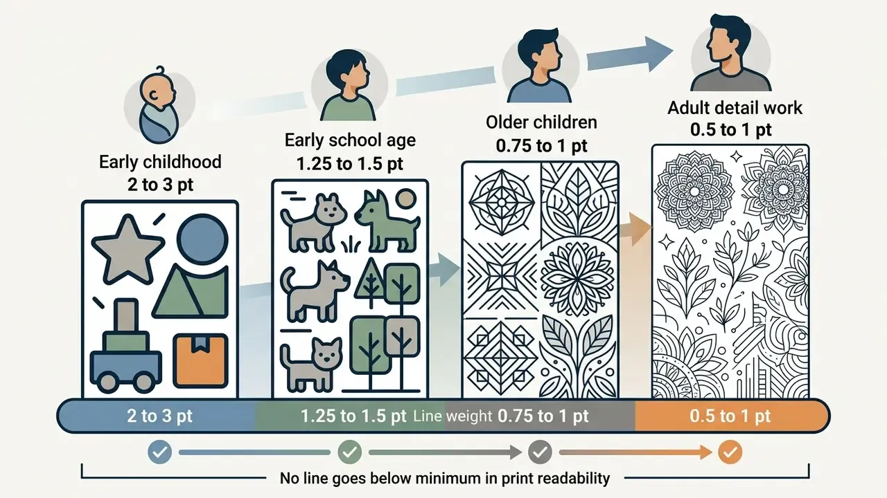 Progression of line weights for coloring pages tailored to different age groups from toddlers to adults