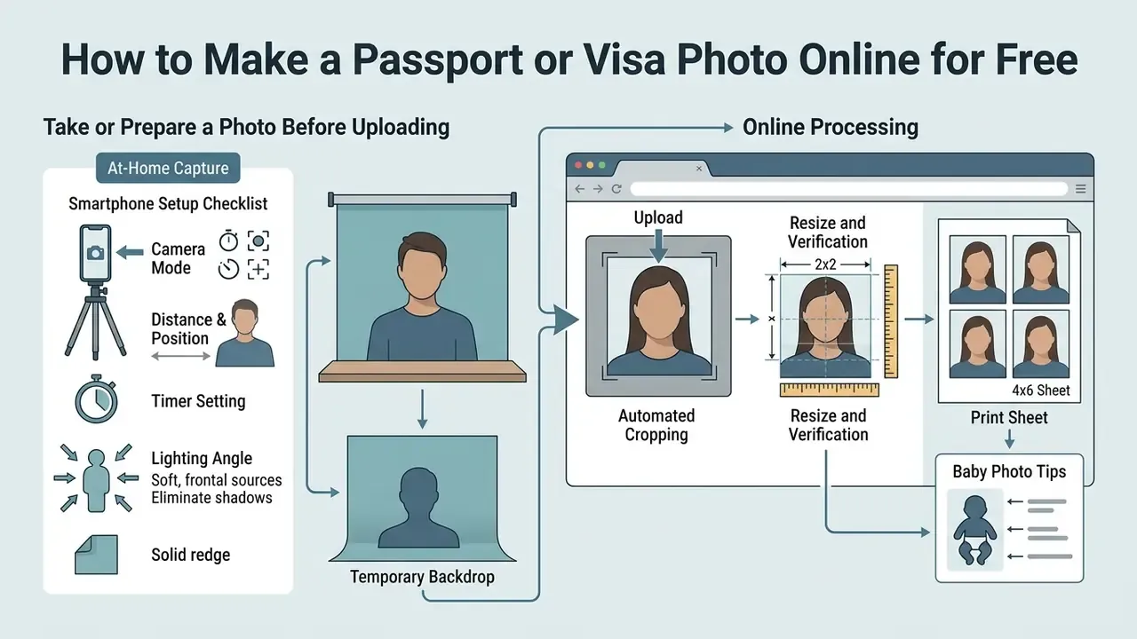 Infographic detailing steps for at-home capture, online cropping, and printing of passport photos