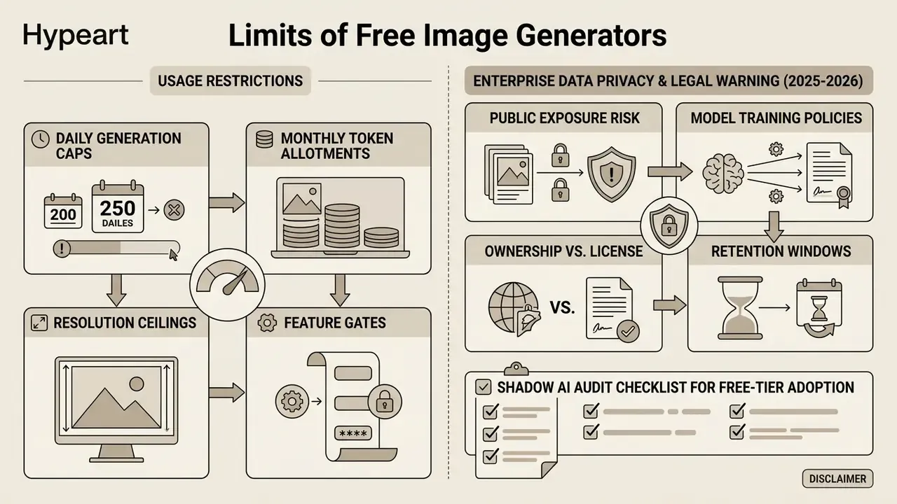 Infographic outlining usage restrictions and enterprise data privacy risks for free AI image generators