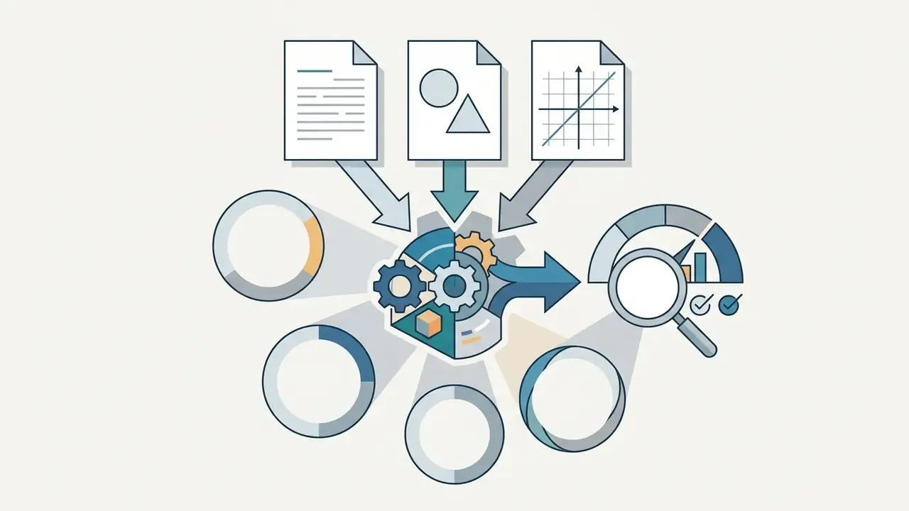 Documents feeding into a gear-based AI processor that outputs analyzed data and verification results