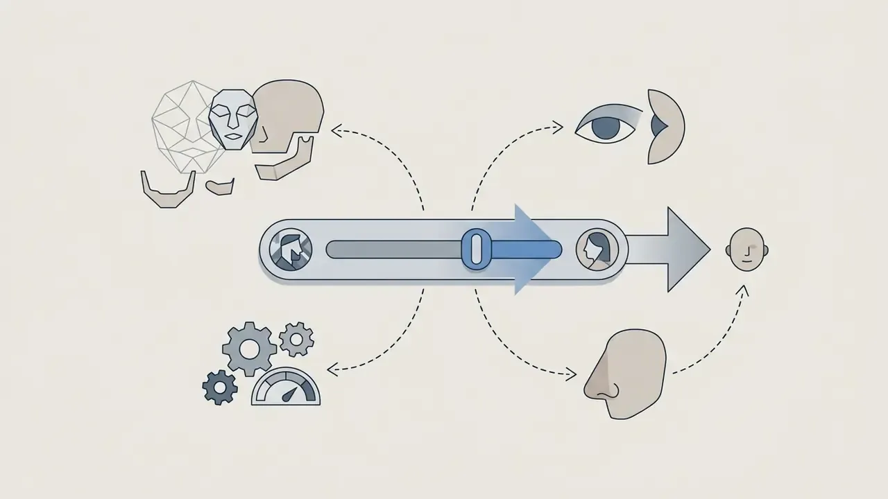 Slider control adjusting facial geometry features like eyes and nose to influence a generated face profile