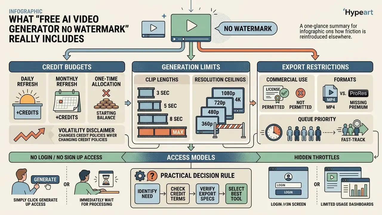 Infographic showing how free AI video generators replace watermarks with credit, length, and export limitations