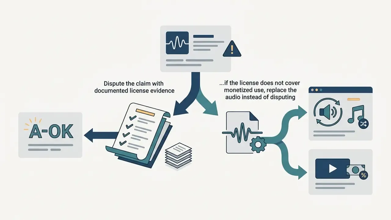 Decision paths for audio claims showing document verification or audio replacement options