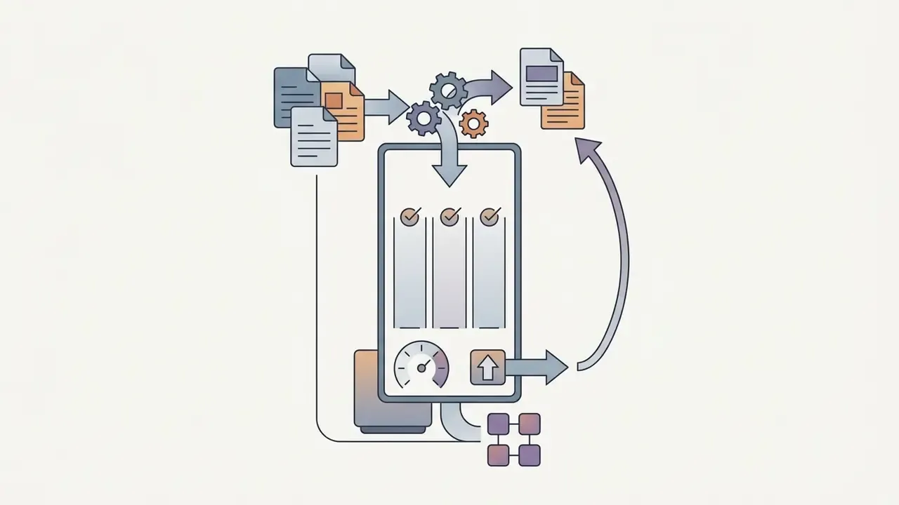 Documents moving through gears into a mobile interface with status bars and a gauge for output processing