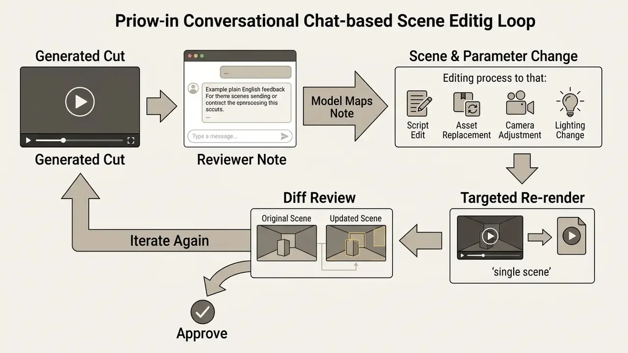 Diagram showing a feedback loop where user notes trigger automated scene edits and targeted re-renders