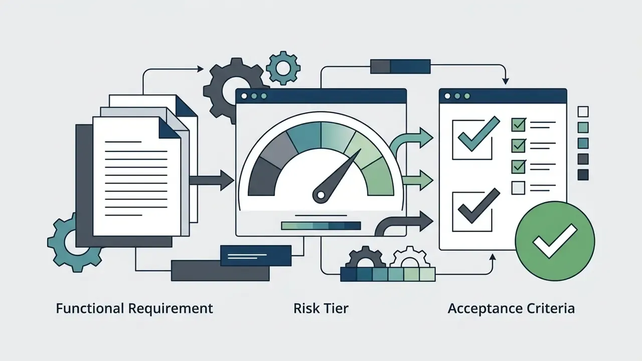 Sequence showing document analysis, risk assessment gauge, and validated checklist for project requirements