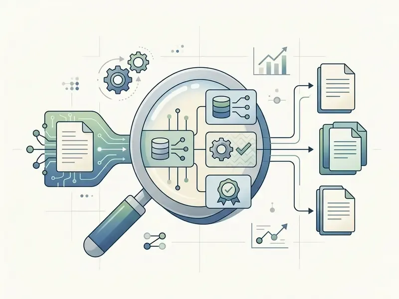 Magnifying glass analyzing data streams into processed documents with compliance and quality icons