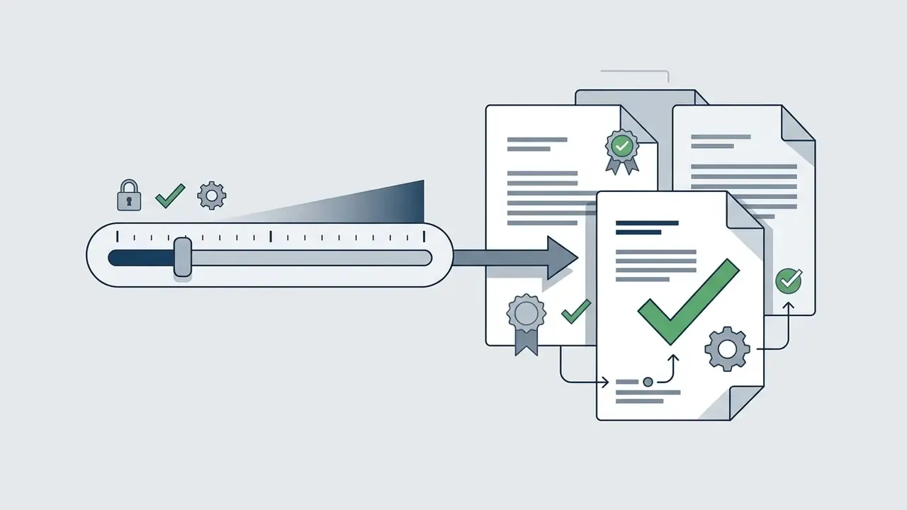 Slider set to a low value pointing toward a stack of documents marked with checkmarks and seals
