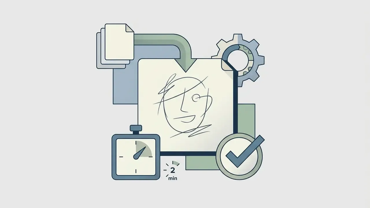 Stack of papers feeding into a sketch of a face alongside a two-minute timer and a checkmark