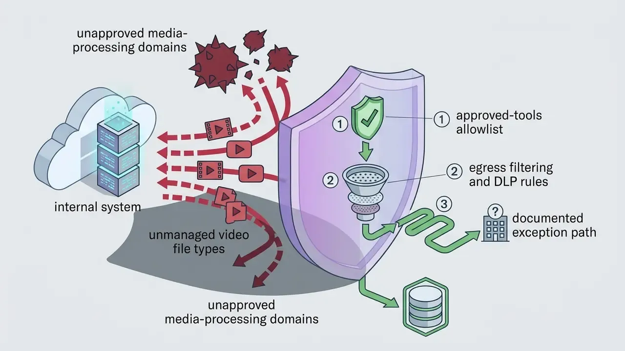 Security shield filtering video data flows from internal systems to approved and unapproved domains