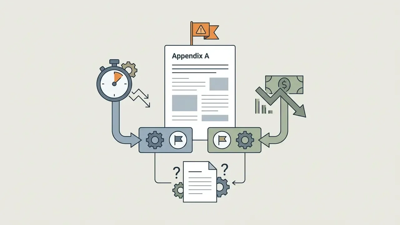 Appendix A document with a warning flag processed by gears into time and cost metrics with question marks