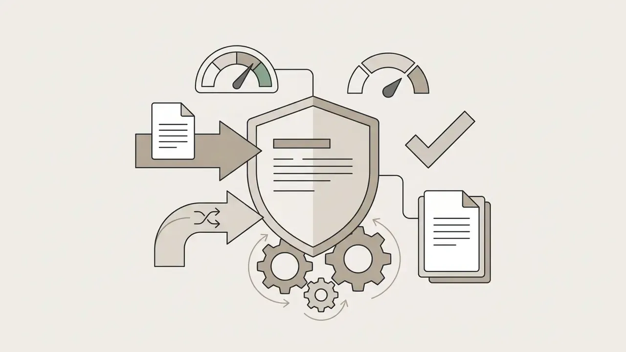 Shield icon surrounded by gears, documents, and gauges representing data security for AI portrait generation