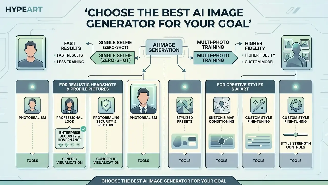 Decision tree comparing single selfie versus multi-photo training paths for AI image generation