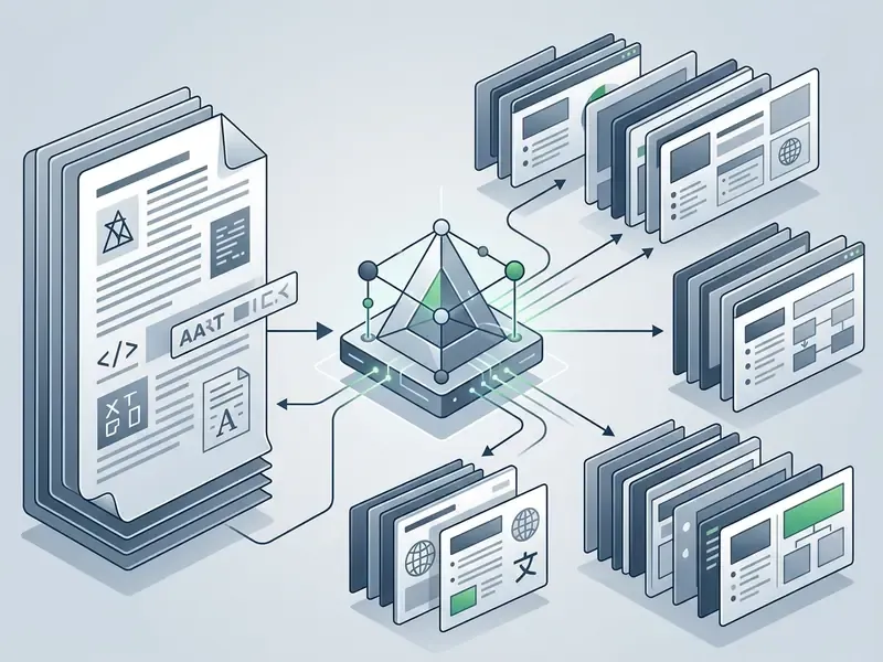 Long text document being processed by an AI engine into multiple structured slide deck layouts