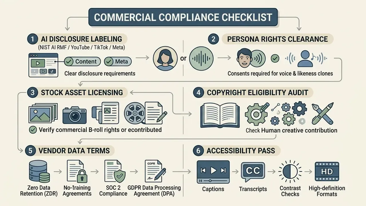 Numbered steps for legal and commercial video production covering disclosure, rights, and accessibility