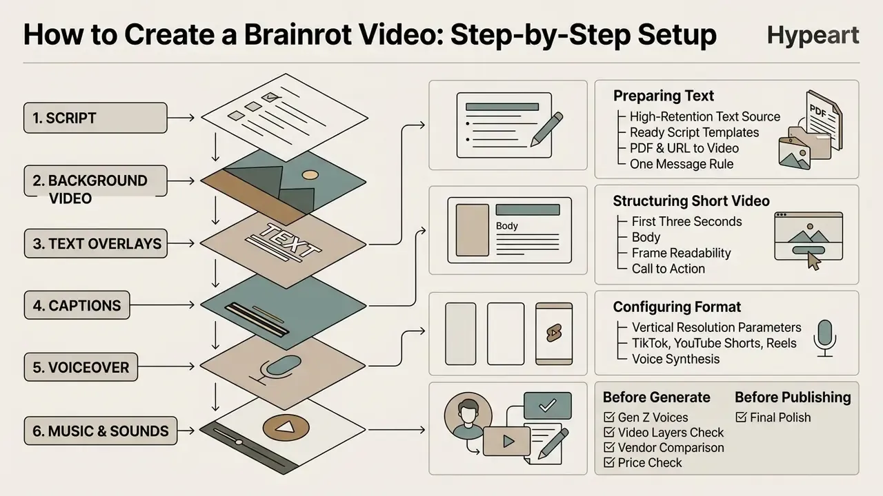 Six-layer production workflow showing script, visual, and audio elements mapped to content preparation steps