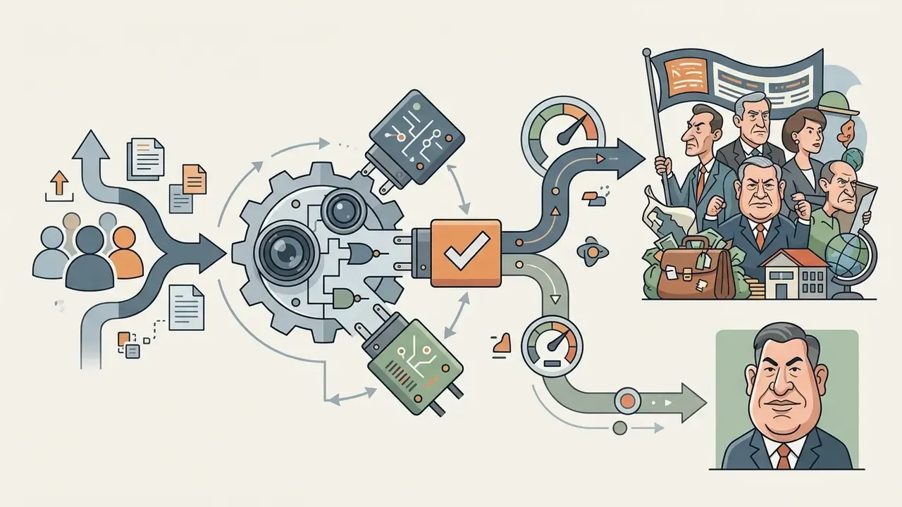 Central gear mechanism processing user inputs into stylized character scenes and portraits