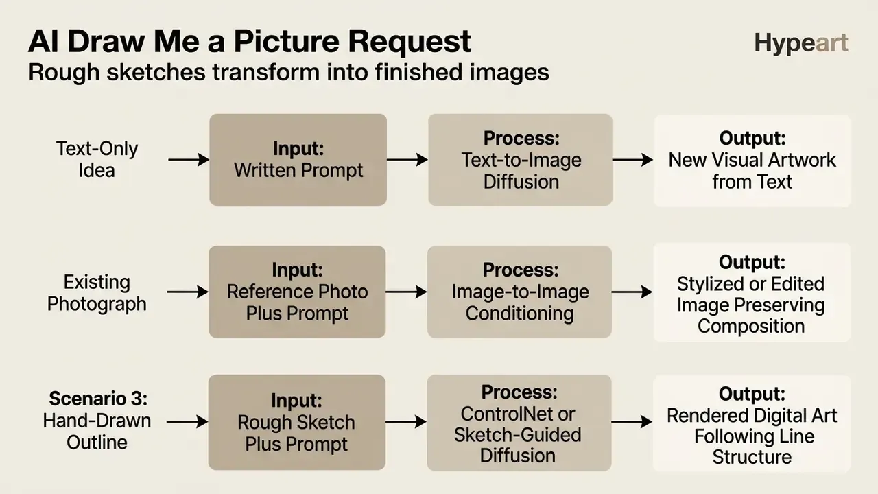 Flowchart detailing three distinct pathways for generating AI images from various input types