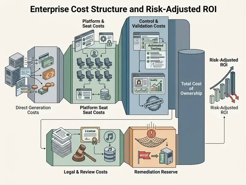 Breakdown of enterprise AI video generation expenses including direct costs, platform seats, and risk factors