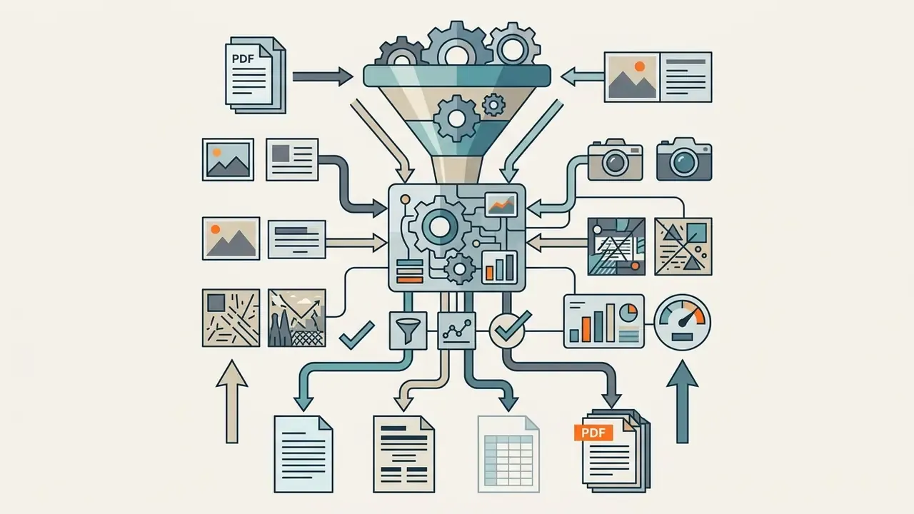 Funnel and gear system processing various document and image inputs into structured digital file outputs