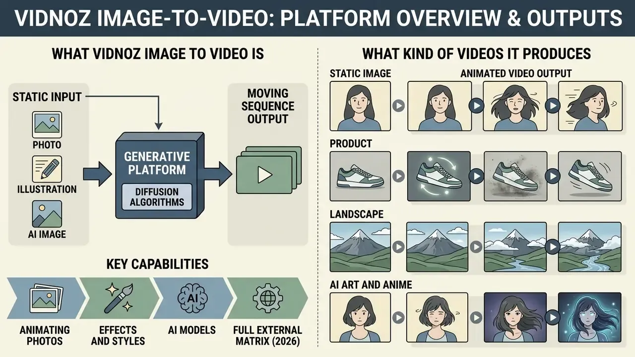 Infographic showing how Vidnoz Image to Video uses diffusion algorithms to animate static visuals