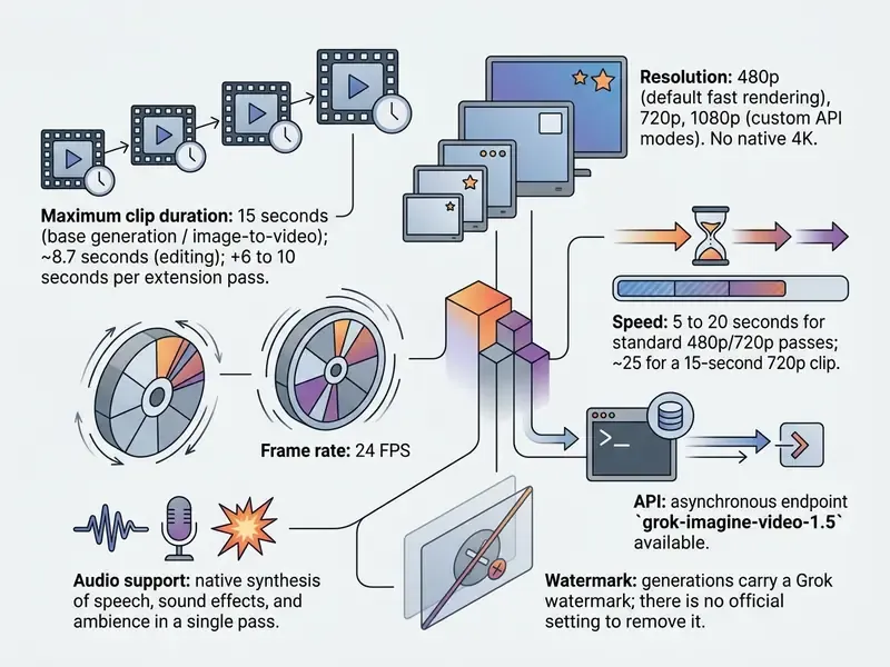Infographic detailing technical specifications for video generation including duration, resolution, and speed