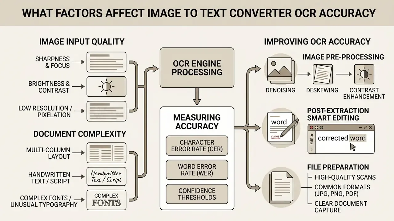 Infographic showing how image quality and document complexity impact OCR accuracy and post-processing steps