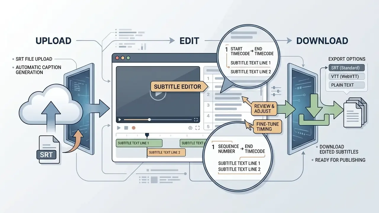 Diagram showing the workflow of uploading, editing, and downloading subtitle files with timecode formats