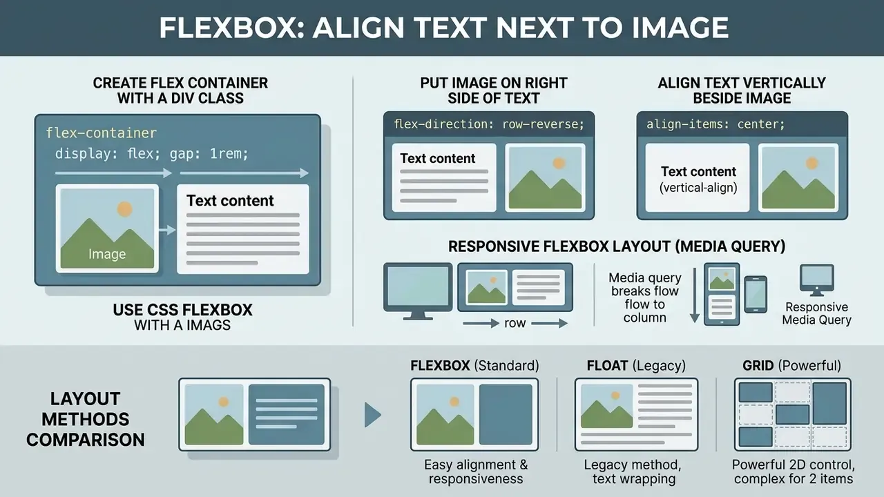 Infographic detailing CSS Flexbox properties for responsive image and text alignment side by side